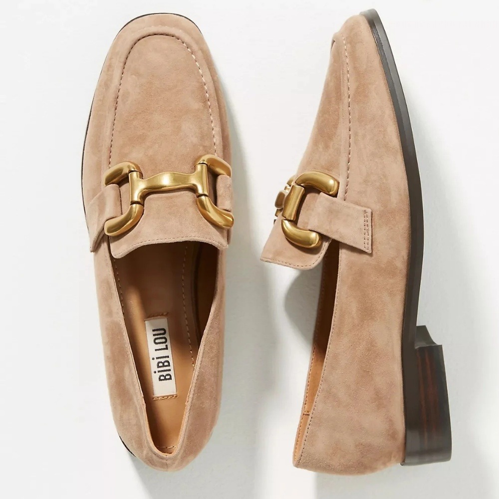 Anthropologie Bibi Lou Zagreb Suede Loafers 39 8 Tan Suede Horsebit Gold Buckle